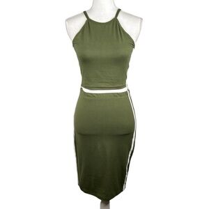 Love 2 pc. Olive with White Stripe Midi Skirt & Crop Top Size Medium